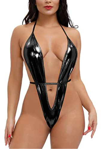 ROSVAJFY Sexy Body en Cuero para Mujer, Lencería Charol Bodysuit Halter con Cuello en V Profundo, Teddy Mini Vestido Clubwear sin Espalda Ropa Interior con Cordones S-XL (Negro)