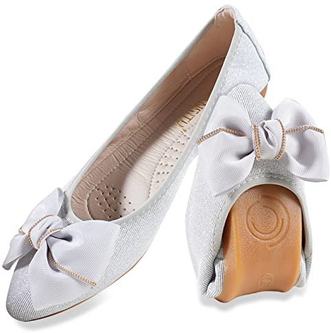 MACHSWON Womens Ballet Flats Sparkly Comfortable Casual Pointed Toe Bow-Knot Slip on Wedding Ballerina Dressy Flats Shoes Women(Silver-6, Size 9)