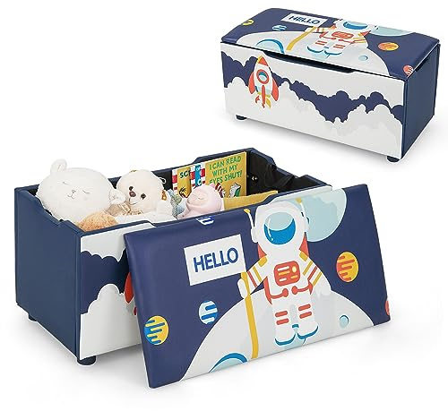 DREAMADE 2 en 1 Coffre à Jouets Enfant 75x36x38CM avec Couvercle Amovible Banc de Rangement en PVC avec Siège Éponge&Pieds Réglables pour Chambre,Salle de Jeux,Crèche,Charge 150KG,Astronaute (Bleu)