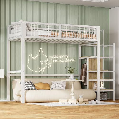 Moimhear Cama Alta 90 x 200 cm de Hierro con Escalera, Cuna con Marco de Hierro y Estante de Almacenamiento, Armario (Blanco)
