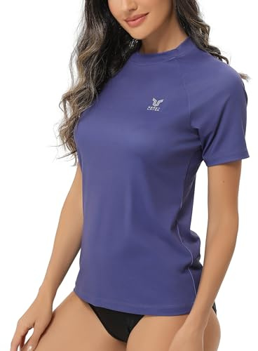HUGE SPORTS Maglietta da donna Rashguard a maniche corte, protezione solare, per nuoto, ad asciugatura rapida, per surf e sport, Blu mare, M
