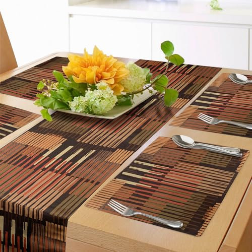 ABAKUHAUS Ethnisch Tischläufer & 4 Stück Tischsets, Geometrisch Muster Streifen Erdig Töne Hand Gezeichnet Vertikal Linien Anordnung, Tischdeko-Set, 180 x 40 cm, Braun Aprikose