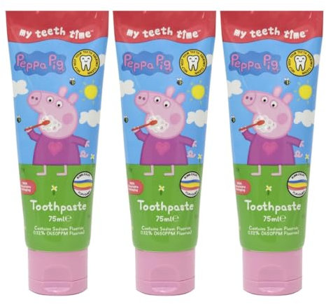 My Teeth Time Peppa Pig - Dentifricio per la cura dentale per bambini di 3-8 anni, al gusto di gomma da masticare, a strisce arcobaleno, 75 ml, confezione da 3