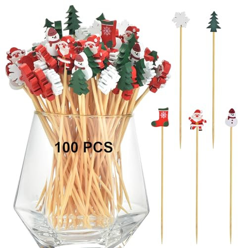 ALINK 100 pinchos de cóctel de Navidad, pinchos de madera para comida con dedos, 12 cm, muñeco de nieve, pinchos de cóctel, brochetas de fruta de bambú para calcetines de Navidad, brochetas de frutas