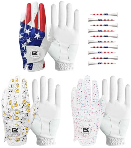 Golf Gloves Men Right Handed Golfer Left Hand Value 3 Pack with Ball Marker and 10 USA Flag Tees 3 1/4 Inch Leather Mens Golfing Glove (USA Flag+White+Beer, X-Large (Worn On Left Hand))