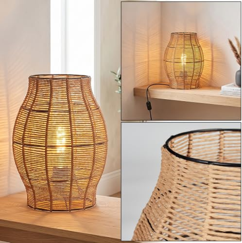 HOFSTEIN Bord Cardeira, Arbetsbelysning, Bord av Metall/Bast i Svart/Naturfärger i Retro/Vintage/Boho-Design, Höjd 30 cm, Strömbrytare vid Kabeln, E27, Ljuseffekt, Vardagsrum, Sovrum, Hall, Kontor