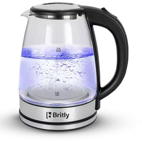 Britly 2L Illuminating Electric Glass Kettle | 1500W Cordless Glass Jug Kettle with 360° Rotational Base | Auto Shut Off & Boil Dry Sensor | LED Indicator for Hot Water Tea or Coffee