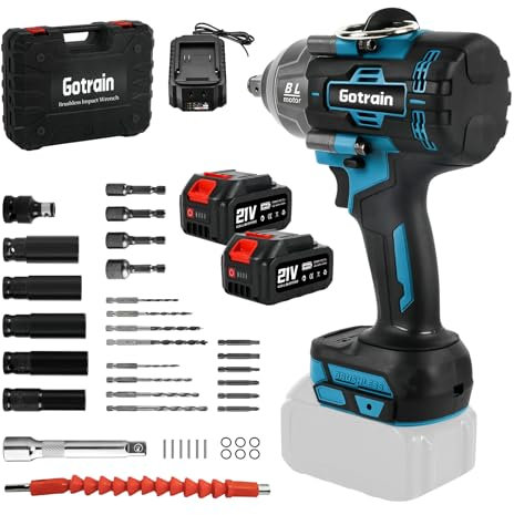 Atornillador de impacto con batería de 1200 Nm, con 2 baterías de 4000 mAh, 3 en 1 1/2, sin escobillas, destornillador con llave de tubo, taladro, puntas de destornillador, barra de extensión de 125