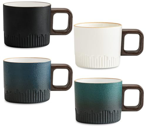 Juego de 4 tazas de café de cerámica con mango de madera, 4 piezas, tazas de café expreso premium con asa, pequeñas tazas de espresso, mini taza de té de cerámica para café expreso, té, 50 ml