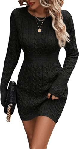 ELFIN Robe en Tricot Moulante pour Femme - Élégante Robe d'automne et d'hiver - Col Rond - Manches Longues - Robe décontractée - Mini Robe Sexy en Tricot