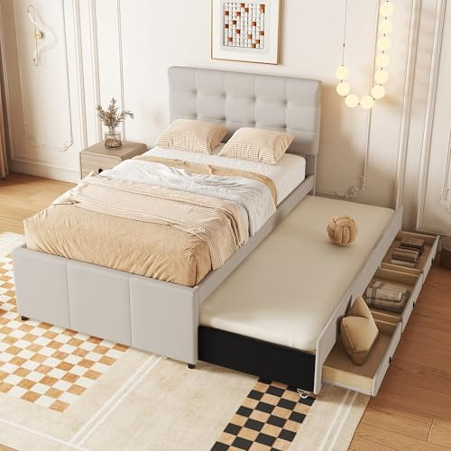 Oxtao cama tapizada de 90 x 200 cm, individual con 3 cajones, marco extensible de 90 x 190, cabecero ajustable, familiar, lino, sin colchón (beis, 90 x 200 cm)