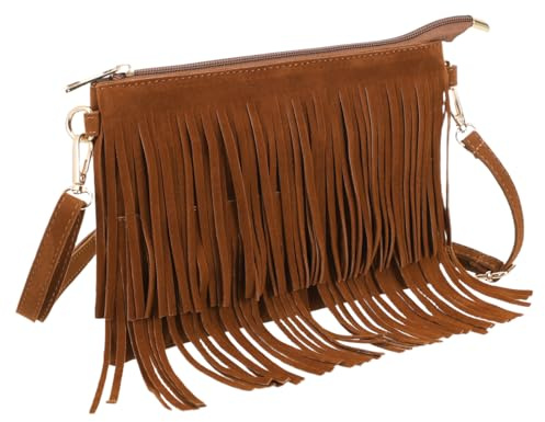 CLISPEED Retro Saddle Bag Crossbody for Women Light Brown Suede Tassel Shoulder Bag Small Fashionable Purse for Daily Use and Casual Outfits
