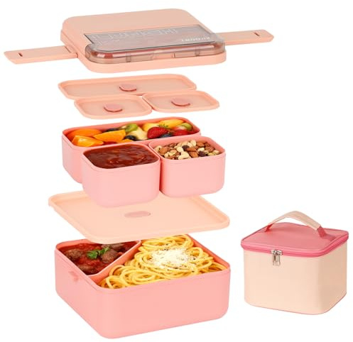 Esilihom Lunch Box, 1800ML Bento Box with Compartments, Stackable 2 Layer Reusable Meal Prep Containers with Thermal Bag & Cutlery for Adults & Kids - Office, School, Travel (Pink)