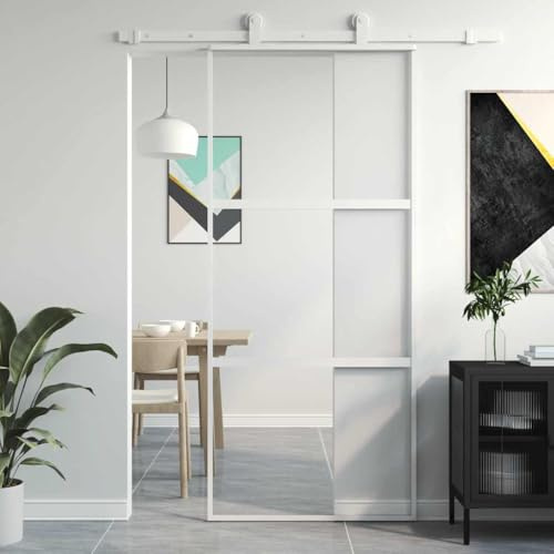 ACAGALA Puerta corredera de Cristal, 90 x 205 cm, Cristal de Seguridad ESG, Marco de Aluminio, Separador de Espacios, Puertas correderas Interiores Minimalistas, Blanco, (Sin Accesorios)