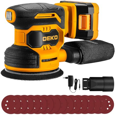 Levigatrice Orbitale a Batteria: DEKOPRO Levigatrice Rotorbitale con 1 Batteria 2000mAh, Orbitale per Legno da 125 mm, 13000 RPM, con Sacchetto per la Polvere e 15 Fogli di Carta Vetrata Giallo e Nero