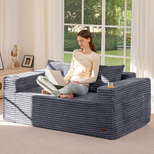 MAXYOYO 63 Boneless Loveseat Sofa Couch, 2-Seater Floor Loveseat for Small Space with Cup Holders, Corded Couch with Pillows, Floor Sofa for Apartment & Lounge, No Assembly Required, Dark Grey