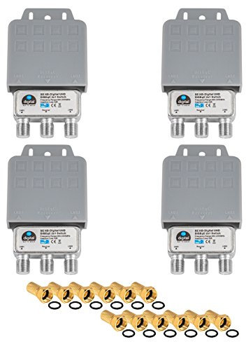 4X DiseqC Schalter Switch 2/1 mit Wetterschutzgehäuse HB-DIGITAL 2X SAT LNB 1 x Teilnehmer/Receiver für Full HDTV 3D 4K UHD + 12 x Vergoldete F-Stecker Vergoldet