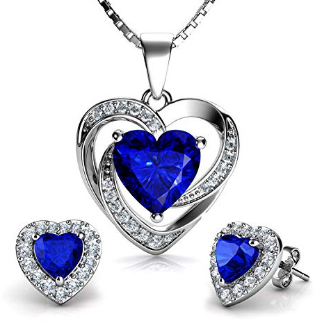 DEPHINI - Juego de collar y pendientes de corazón azul - Plata de ley 925 - Pendientes de cristal y piedra natal - Juego de joyería fina para mujer - circonita cúbica
