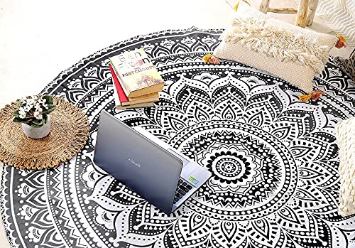 raajsee Grey Black Round Beach Tapestry Hippie/Boho Beach Blanket Mandala/Indian Cotton Throw - Round Tablecloth/Home Decor/Indie Rug Yoga Mat Meditation Picnic Rugs 127 CM / 50 INCHE Circle