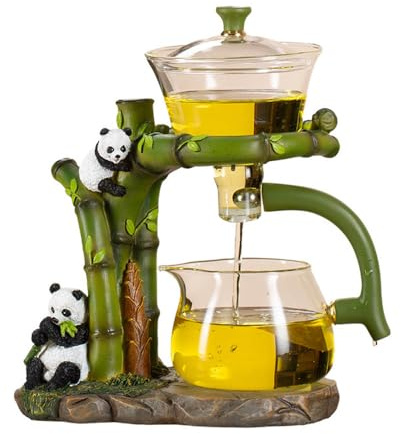 RORA Lazy Kungfu Glas-Teeservice, halbautomatisch, tropfenförmig, mit Teesieb, Glas-Teekanne (grüner Panda)