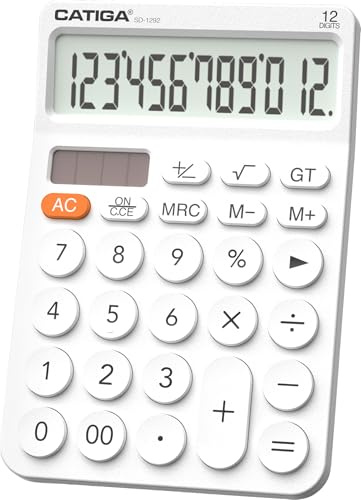CATIGA Calculadora de Escritorio de 12 dígitos con Pantalla LCD Grande, botón Grande de diseño Redondo, energía Solar y batería Dual, función estándar para Oficina, hogar, Escuela, SD-1292