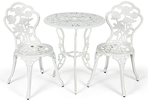 GOPLUS Conjunto de Mesa y 2 Sillas de Aluminio Exteriores para Todo Tipo de Clima con Agujero para Sombrilla, Juego de Muebles para Jardín (Rosas Blancas)