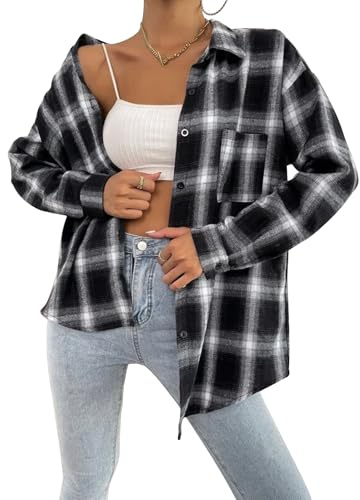 Risipu Women Flannel Checked Shirts Ladies Classic Casual Long Sleeve Plaid Shirt Oversized Blouses Tops with Pockets (L, Black)