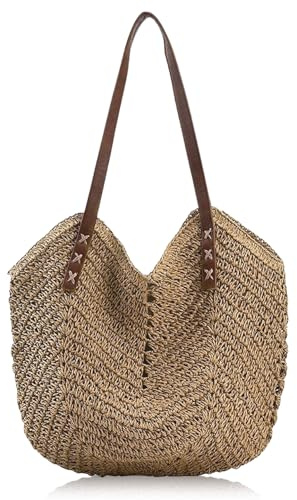 Beach Bags for Women with Zipper, Large Straw Bag Woven Tote Bag Straw Shoulder Bag for Summer Vocation (Khaki)