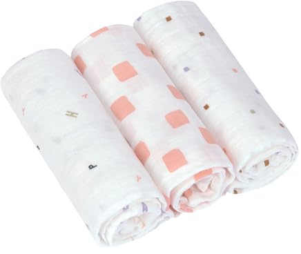 LÄSSIG Panno per ruttini per neonati in mussola set di 3 pezzi in cotone 85 x 85 cm/Swaddle & Burp Blanket L Happy Fruits peach