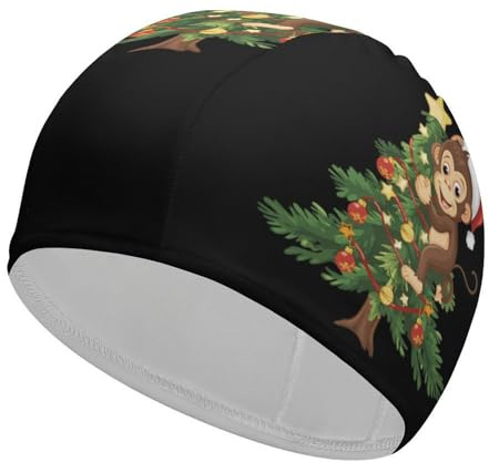 Gorro de baño Unisex con diseño de árbol de Navidad y Mono para Pelo Corto y Largo, para Mujer y Hombre, para Piscina