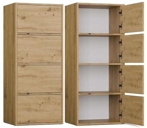 CDF Kommode Schrank Hochschrank mit 4 Türen und Einlegeböden - für Wohnzimmer Schlafzimmer Flur Büro – Grifflose Fronten – Modernes Design und langlebige Ausführung – Eiche Artisan Alma