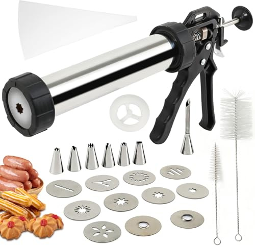 Gebäckpresse für Spritzgebäck Edelstahl Churro Presse Maker Maschine Spritzgebäck Presse mit 4 Churro Schablonen,5 Cookies Discs, 6 Tüllen und Reinigungsbürste Teigspritze für Kekse Churros Wurst