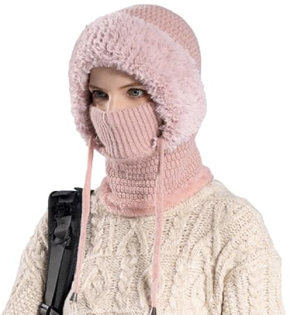 ANTUK 3 in 1 Beanie Hat for Women, Sherpa Hood Ski Mask, Fall Winter Warm Knitted Windproof Balaclava Scarf with Face Cover for Outdoor Skiing Hiking (Pink)