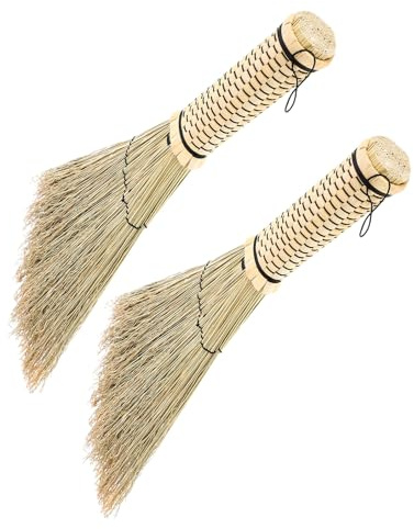 STOBAZA Scopa a Frusta Manico Corto in Paglia Intrecciata a Mano Piccola Scopa Portatile per Pulizia Casa Delicata su Superfici Legno per Polvere da Tavolo e Angoli Interni Set 2