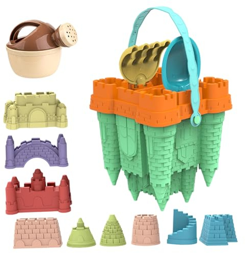 Wxyestna Sand Castle Building Kit, 14PCS/Set Plastic Beach Toys with Sand Castle Molds Shovel Portable for Kids Molds