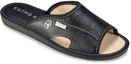 ESTRO Hausschuhe Herren Leder Herrenhausschuhe - Hausschuh Männer Pantoffel Pantoffeln Pantoletten Slipper Mann Verano (43 EU, Schwarz)