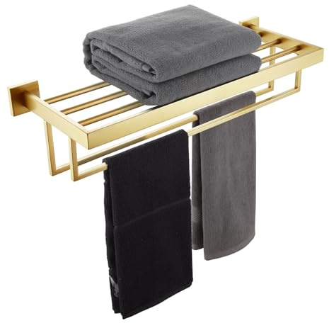 KOKOSIRI Towel Shelf Holder 24'' Bathroom Towel Rack with Two Bath Towel Bars Rails SUS304 Stainless Steel Wall Mount, Brushed Gold, B6003BG