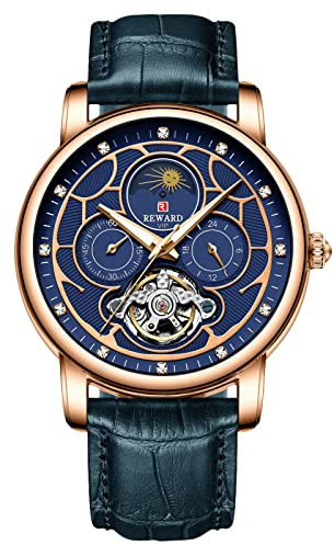 rorios Mode Herren Automatikuhren Tourbillon Mechanische Armbanduhr mit Lederband Wasserdicht Mondphase Uhren für Männer Herren