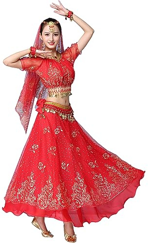 ORIDOOR Women's Belly Dance Dress Crop Sequin top Chiffon Dress Halloween Dress 5 Pieces 04 Red One Size …