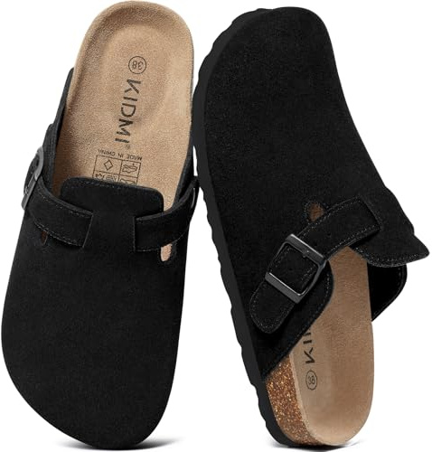 KIDMI Genuine Suede Clogs Women Cork Footbed Leather Mules Arch Support | adjustable buckle,arch support,non-slip sole,lightweight,indoor outdoor,comfy all day,versatile