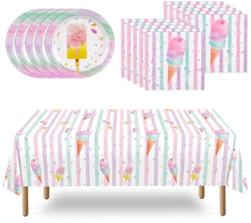 WERNNSAI Ice Cream Plates Napkins and Tablecloth Set - 33 Pcs Sweet Party Tableware Decorations for Girls Ice Cream Birthday Party Decoration Dinner Plates Pool Summer Party Supplies Serves 16 Guests