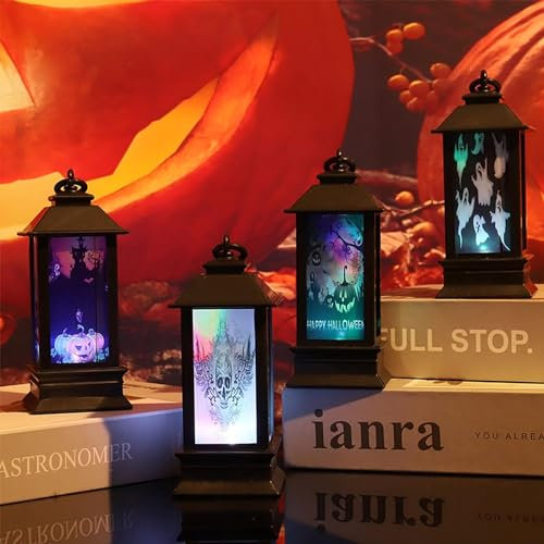 4 Piezas Decoracion Halloween Exterior Linterna, Calabaza Halloween Decoracion Colgar, Luz de Noche, Farolillo LED a Pilas, Linternas Jardin, Decoración Casa Lámpara de Viento Bruja Vela (Luz Fría)