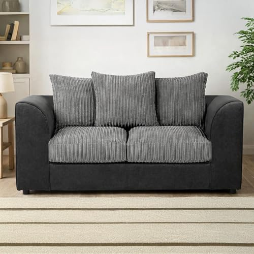 Furnishings For Less UK Luxor Jumbo Cord 2 Seater Sofa Sofa Black and Grey, Large Scatter Back Cushions, Deep-Filled Foam Seating (2 Seater Sofa)