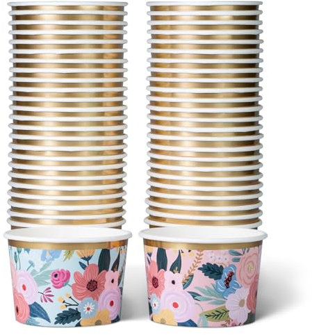 Lot de 50 Pots Glace 266 ml et Coupelles Jetables – Bols en Papier avec Motif Floral et Bord Doré – Pot à Glace Jetable, Coupelle Jetable Chaud/Froid pour Fêtes, Mariages, Desserts et Soupes