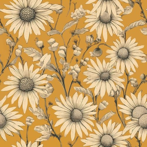 Livelynine Peel and Stick Floral Wallpaper Mustard Yellow Daisy Vintage Flower Wallpaper for Living Room Bedroom Wall Paper Stick on 44.5CMx7M Contact Paper Self Adhesive Pattern for Furniture