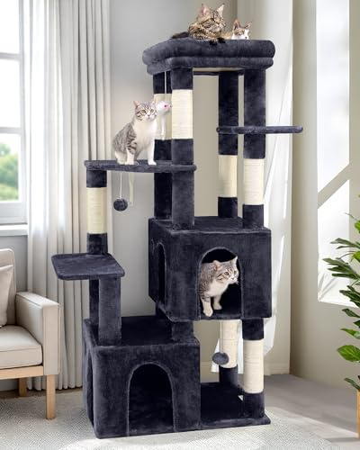 Globlazer Kratzbaum für 3-5 Große Katzen 156 cm mit 2 Extragroß Katzenhaus 45*40*35CM, Große Plattform Gepolsterte, Sisalstämme, Stabil Kratzbaum Groß für Katzen Innen Maine Coon (F61, Dunkelgrau)