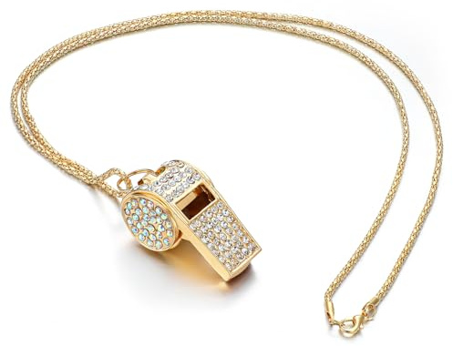 CIATBYYJ Sifflet doré scintillant en strass avec chaîne détachable Sifflets à paillettes pour collier breloque accessoire en alliage de zinc Sifflets dorés pour entraîneurs, enseignants, arbitres