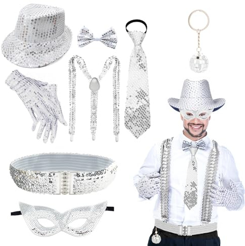 8 Accessoire Disco Costume Paillette Homme Accessoire Paillette Homme Accessoire-s Disco avec Chapeau Paillete Cravates Masques pour Les Yeux Nœuds Papillon Bretelles en Y Gants Porte Clés Ceintures
