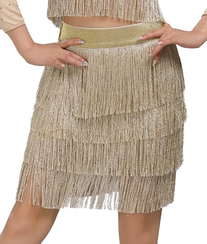 SEAUR Women's Fringe Skirt Stretchy Sparkly Bodycon Tassel Trim Latin Dance Salsa Tango Ballroom Halloween Cowgirl Rave Shiny Gold S