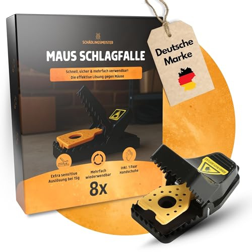 Trampa para Ratones de Impacto – Juego de 8 – Extra Sensible Desde 15 g – Fuerza de Impacto 800 g – Incluye 1 par de Guantes – Trampa para Ratones Reutilizable – para casa, sótano y Garaje